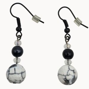 Beaded Drop Earrings 1.5" Black White Beaded Hook Marbled Faux Stone Goth Witchy